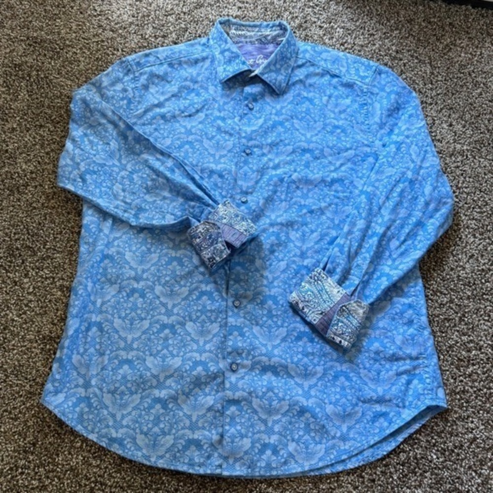 Robert Graham men's‎ L Subtle Highland Woven Flip cuff Stretch Shirt blue AOP